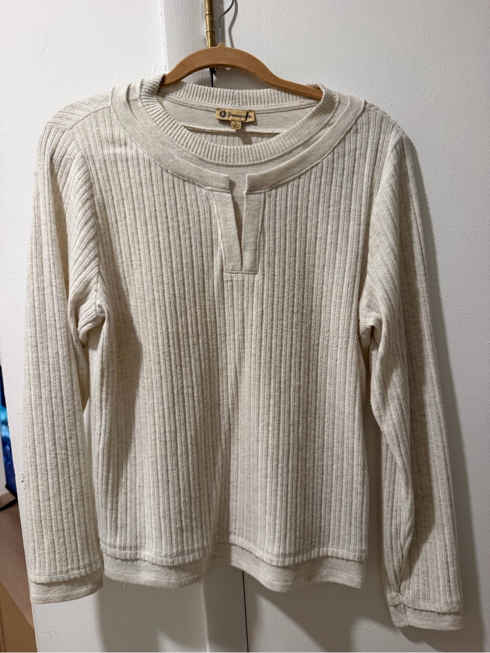 Democracy Cream Ribbed Notch-Neck Long Sleeve Top